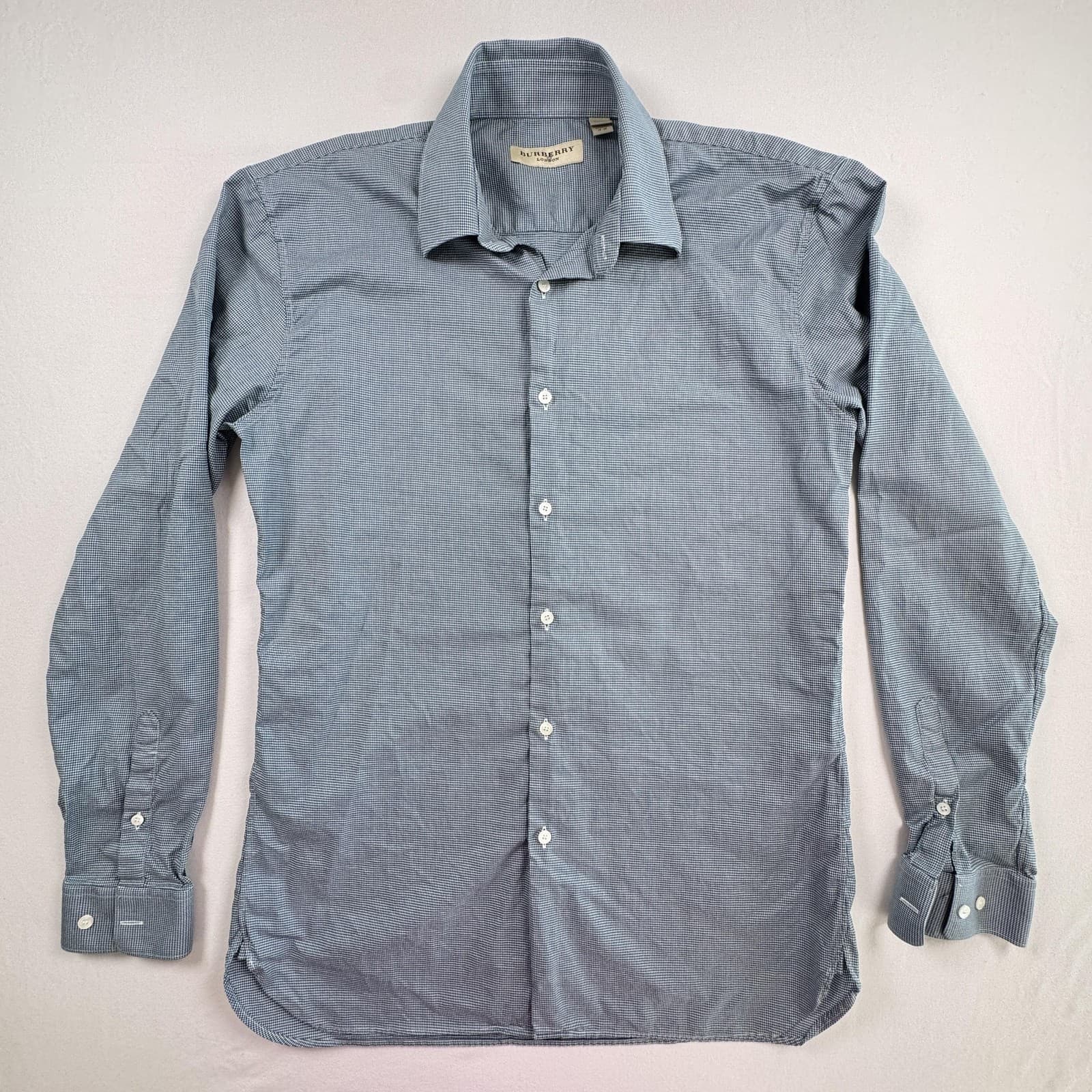 Burberry London Shirt Mens 15-38 Medium Blue White Check Made in Italy Modern