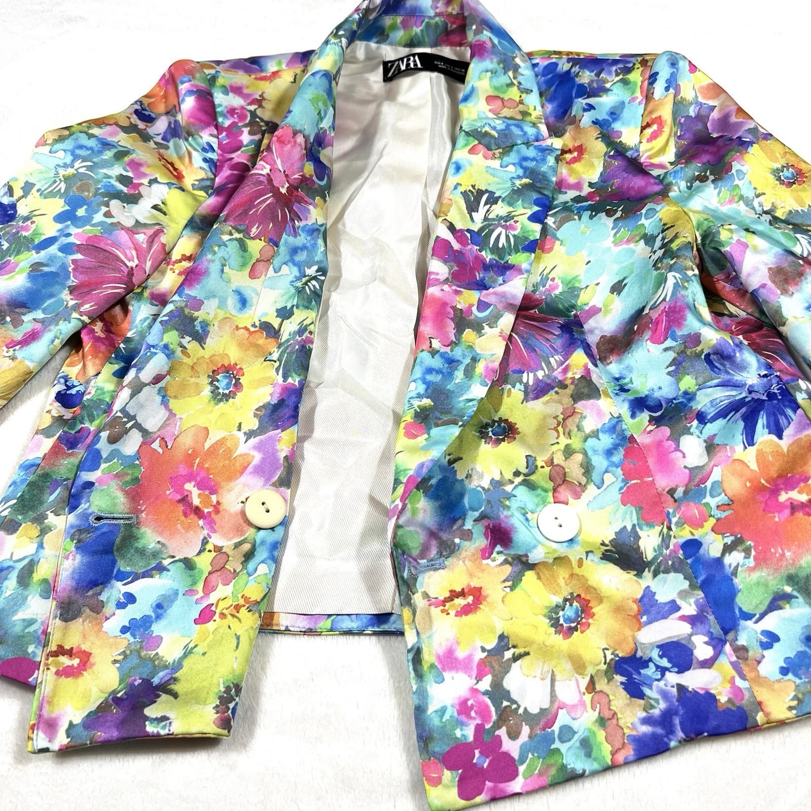 ZARA Women’s Floral Blazer Sz Small Shoulder Pad Spring Quiet Luxury Statement thumbnail 13