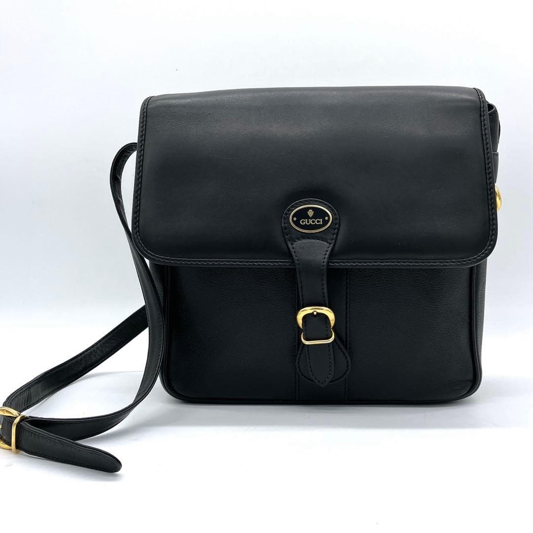 Gucci Vintage Shoulder Bag Crossbody Logo Plate Black Leather Women From Japan