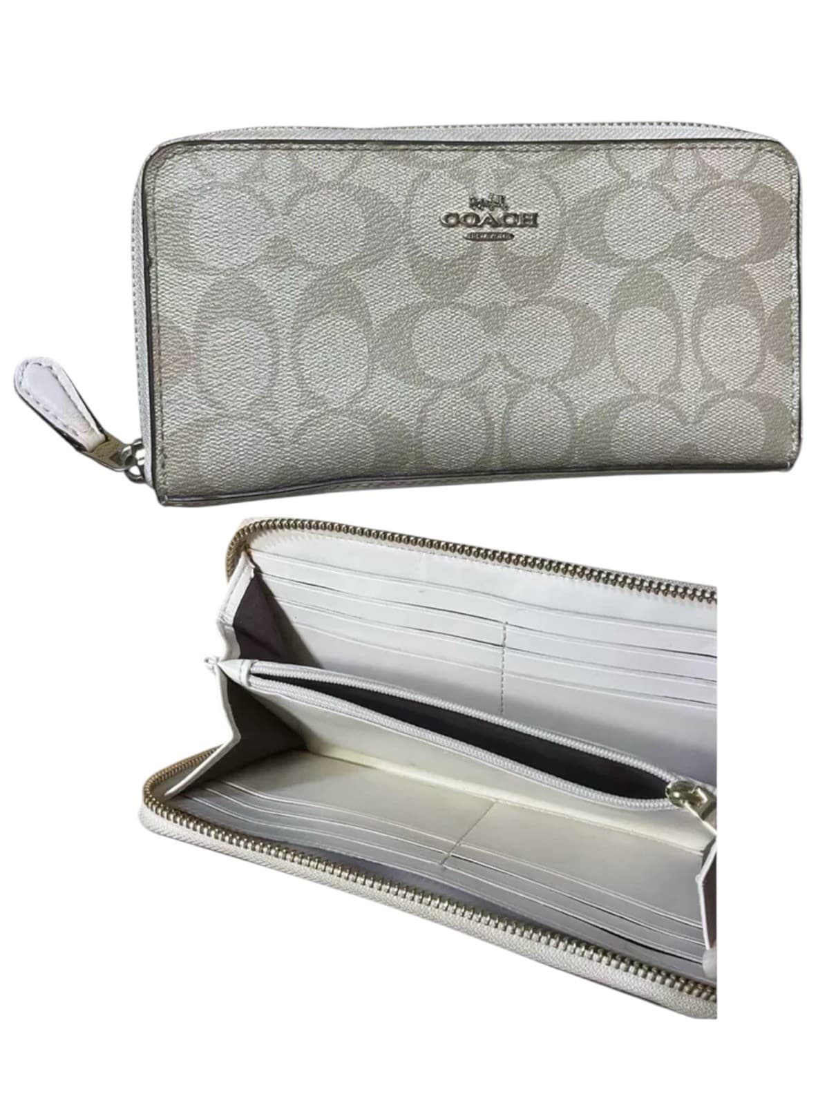 Coach Long Zip Around Canvas Wallet Signature Khaki Brown Multiple Compartments