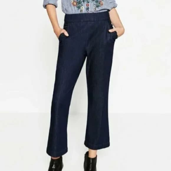 ZARA Womens Blue Denim Ruffle Pocket Straight Leg Flat Front Pants Size XS