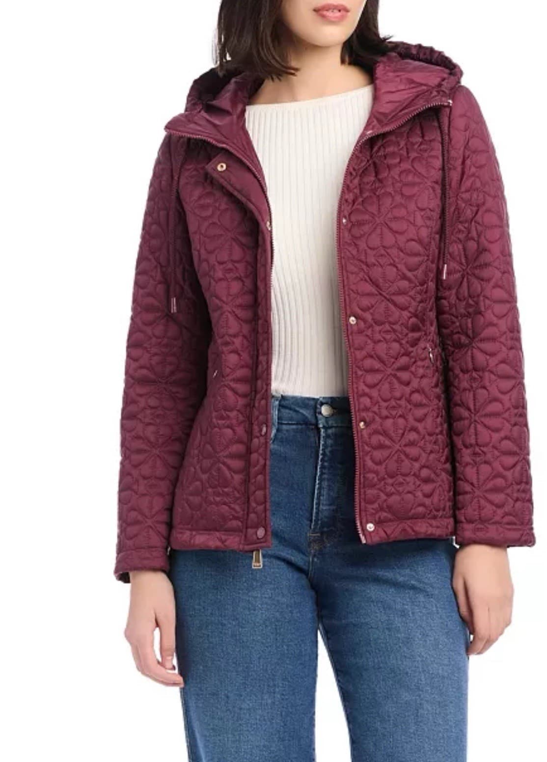 Kate Spade Women’s Short spade Flower Quilted Jacket attached hood plum size L 
