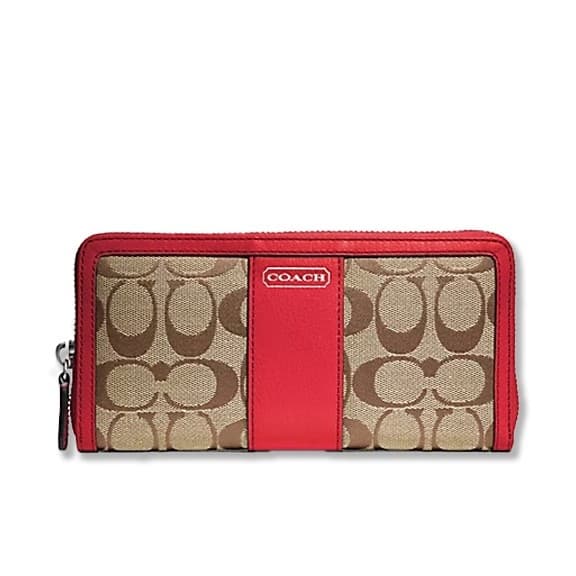 NWT Coach Canvas Leather SIGNATURE ACCORDION ZIP WALLET F49159 KHAKI VERMILLION