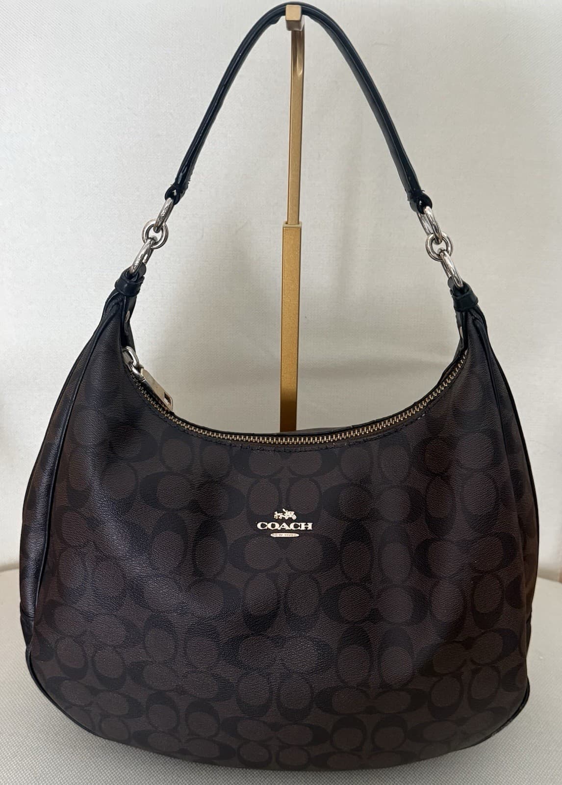 Coach Harley East West Hobo Signature Brown Black F58289 Leather Trim Bag