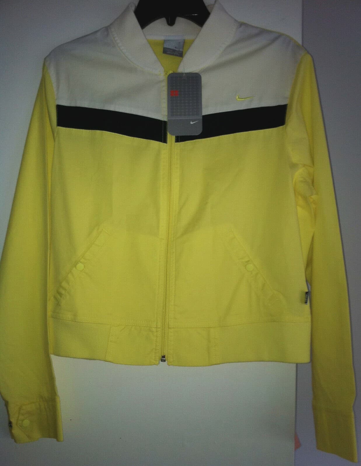 Nike Women`s Jacket Bomber L 12 14 Yellow White Cotton Zipper 2002 Vintage New