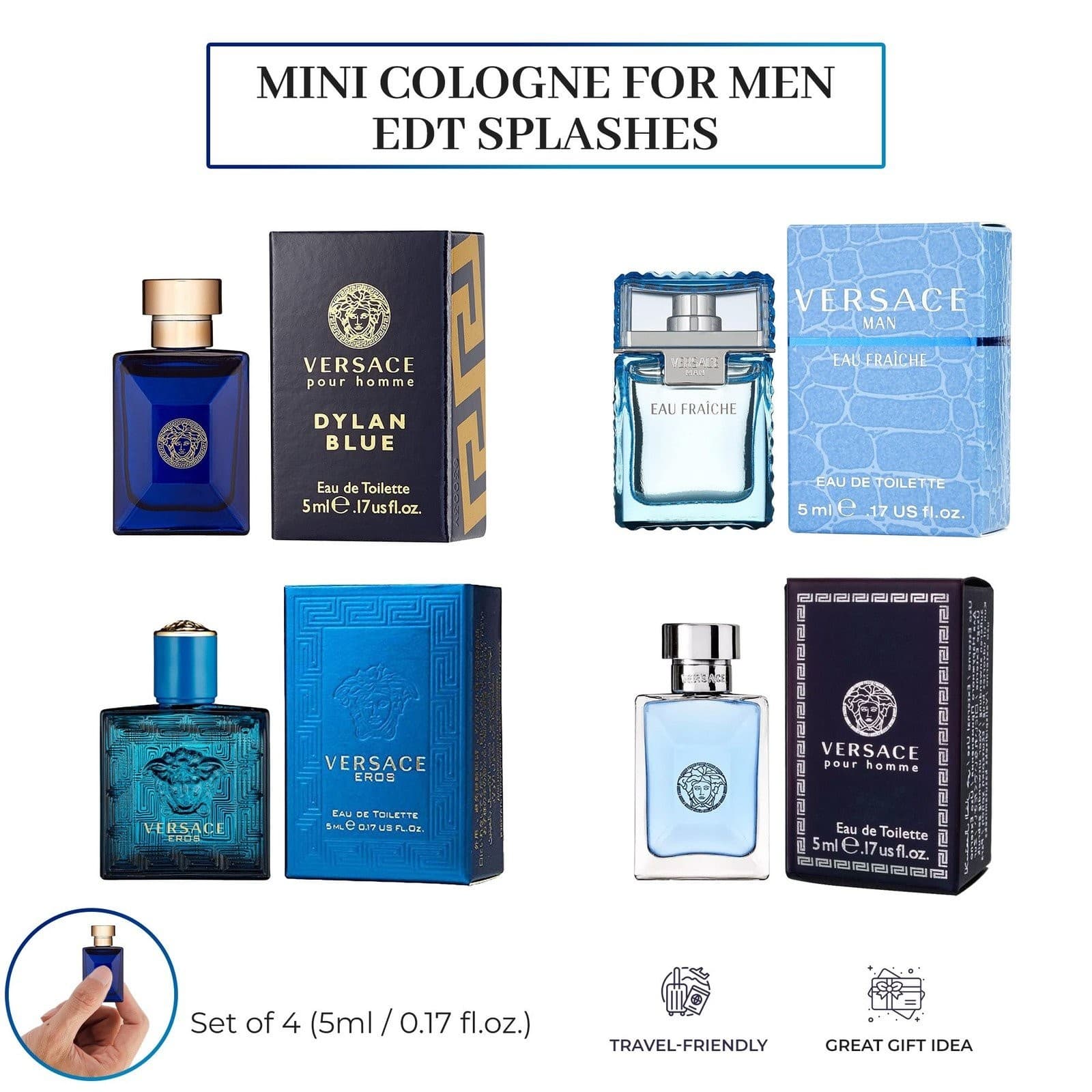 Versace Cologne for Men Set of 4 Mini Eros, Pour Homme, Dylan Blue, Eau...