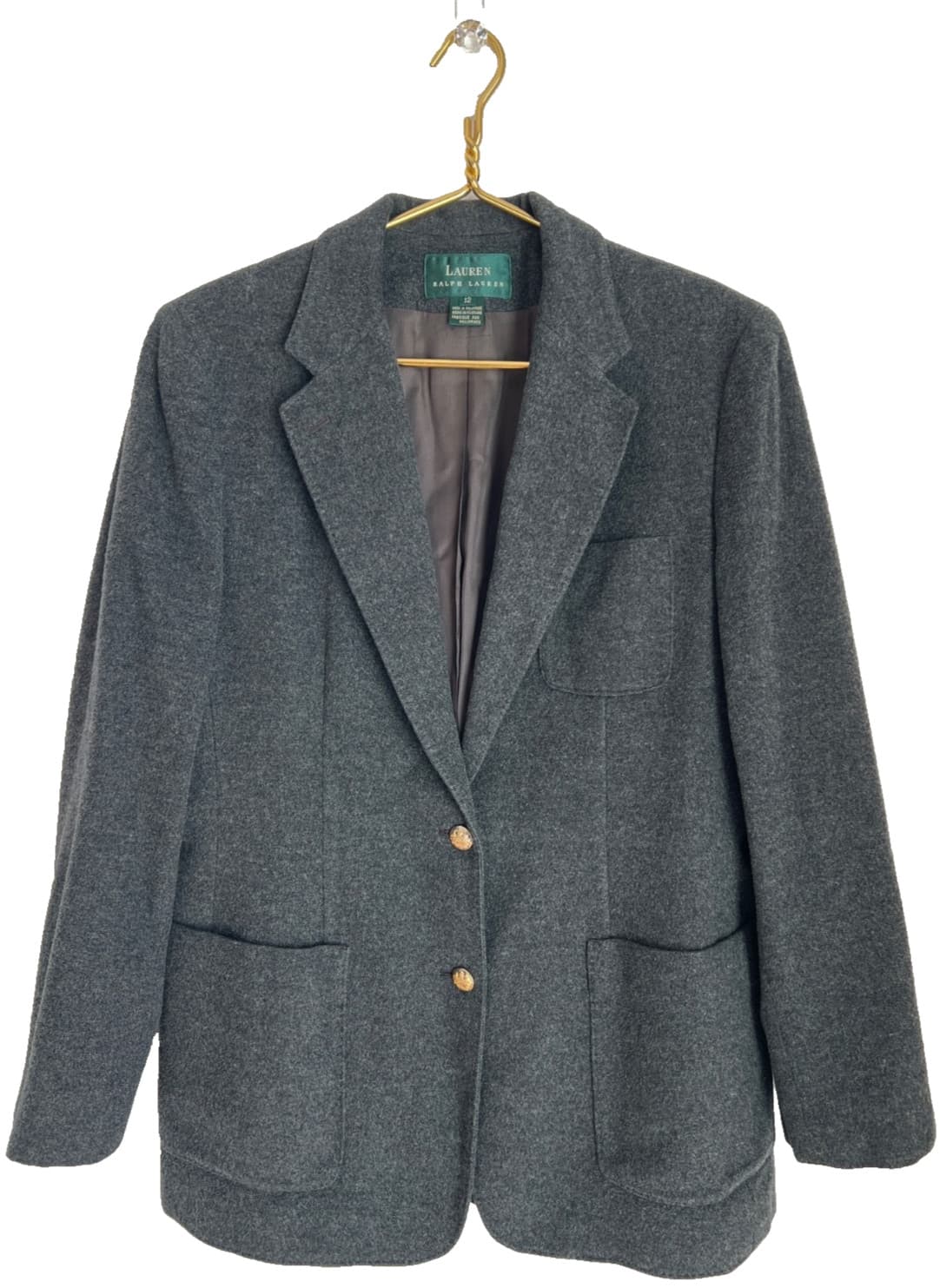 Lauren Ralph Lauren Womens Wool Cashmere Blazer Gold Crest Buttons Gray Size 12