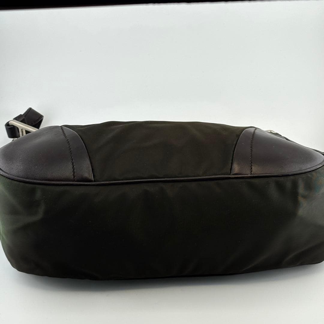 PRADA Khaki Nylon Leather Shoulder Bag Black Silver Small Solid Zip Fashion thumbnail 9