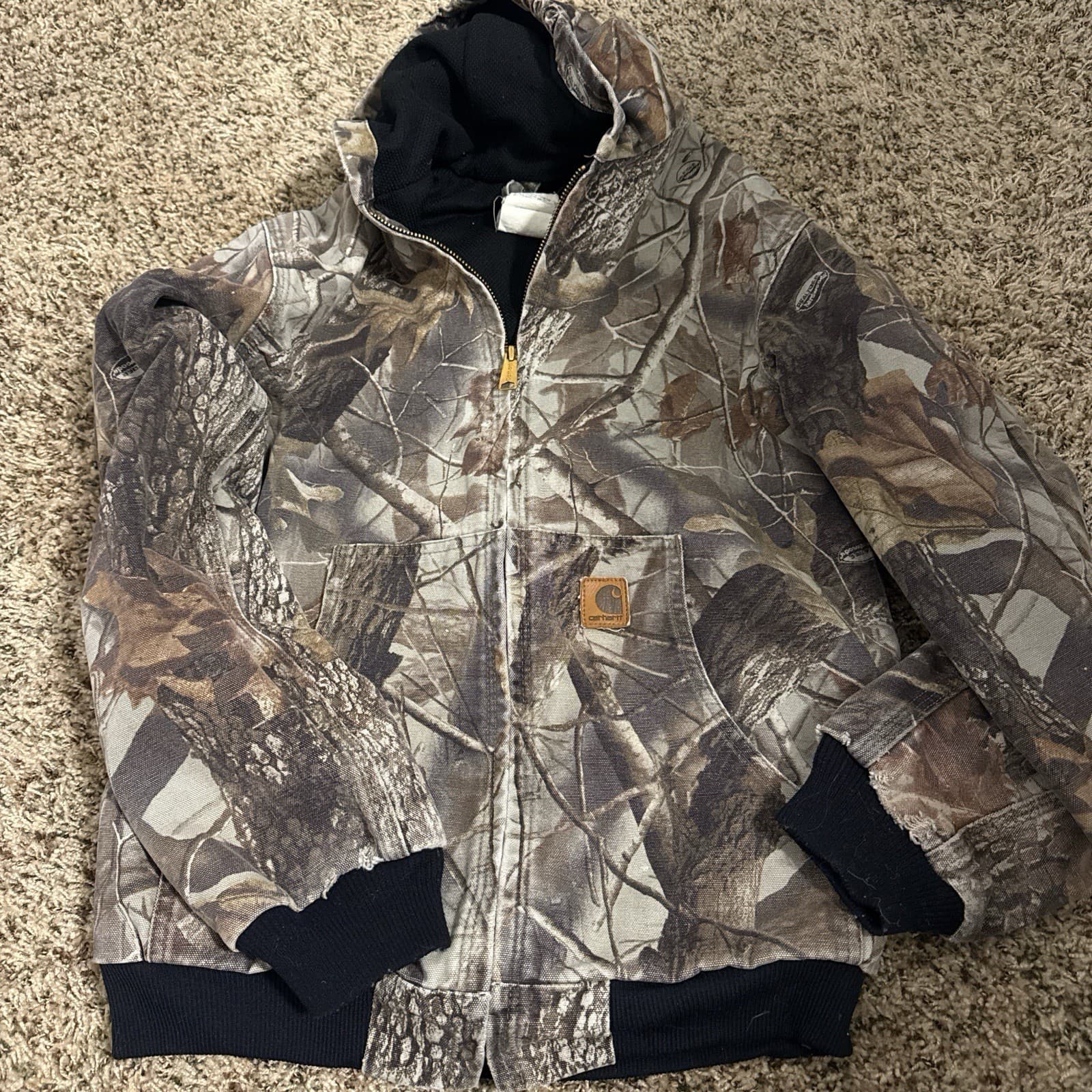 Carhartt XL Camouflage Hooded Bomber Jacket Zip Lined Pockets Men's