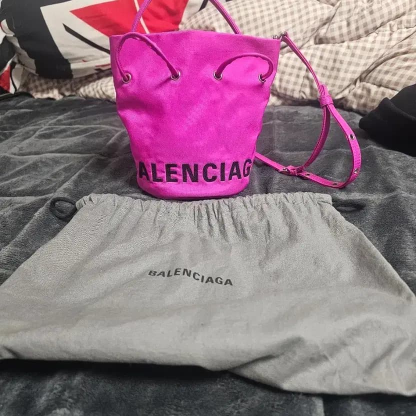 Balenciaga Wheel Drawstring Bucket Bag in Bright Pink Canvas