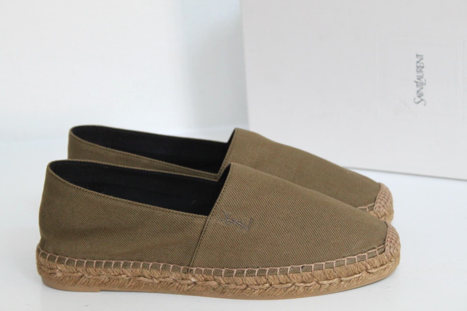 New sz  6.5 / 37 YSL Logo Saint Laurent Cactus Olive Canvas Espadrille Flat Shoe