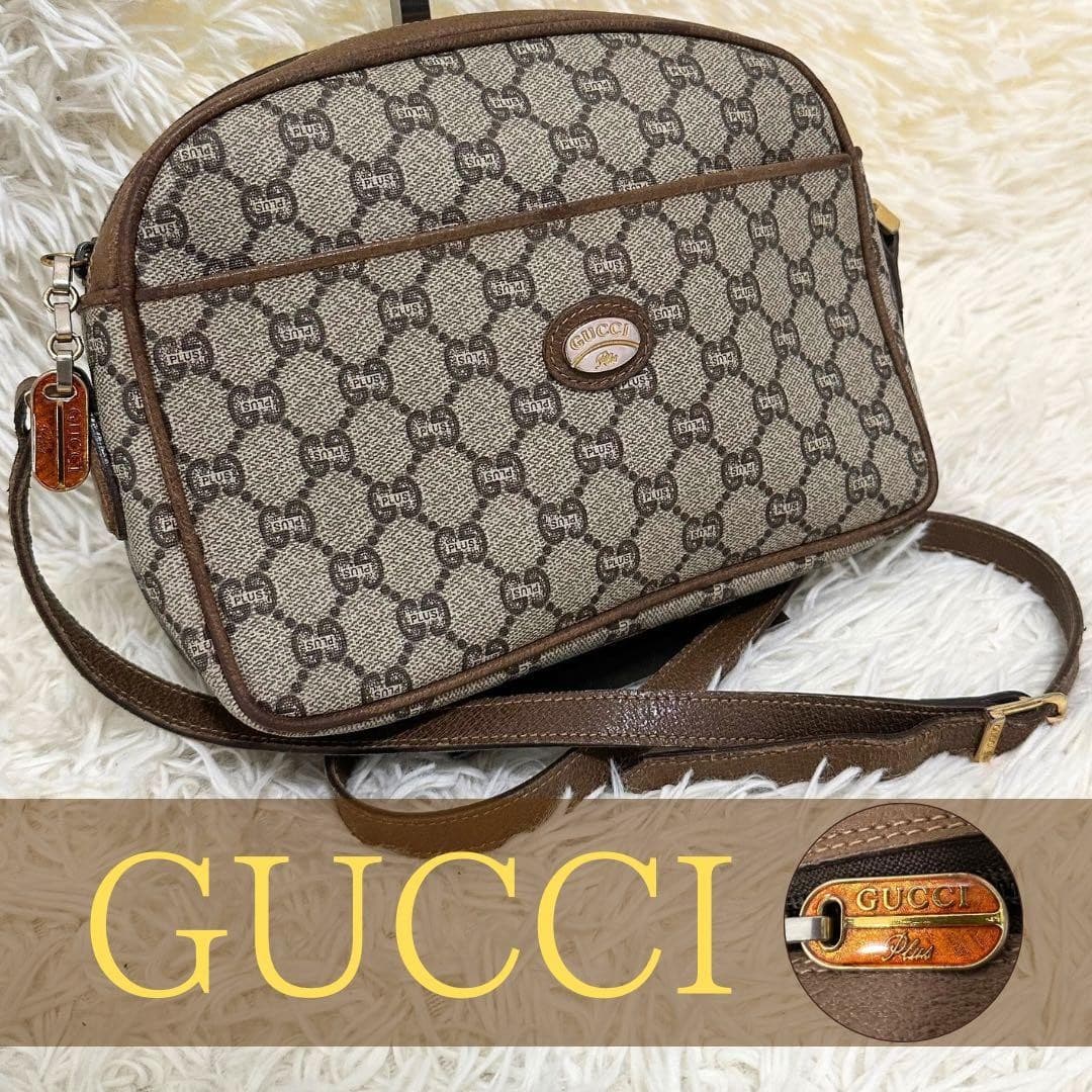 GUCCI Plus GG All-Over Logo Leather Shoulder Bag Brown Charm Italy