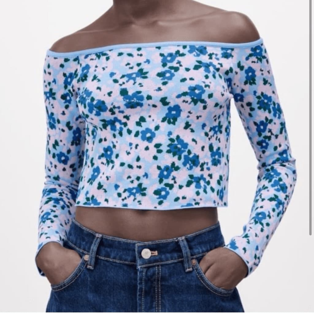 Zara Floral Off the Shoulder Long Sleeve Crop Top Size S