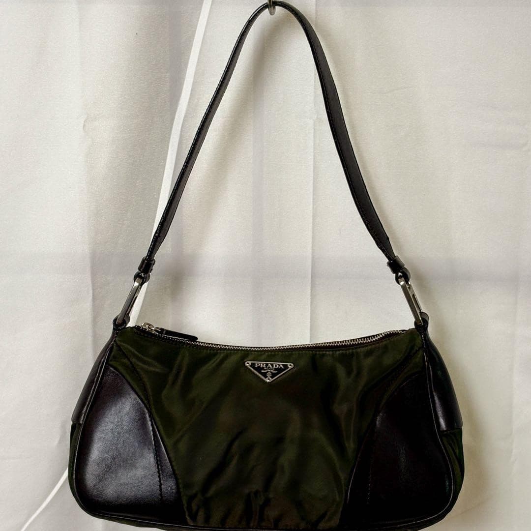 PRADA Khaki Nylon Leather Shoulder Bag Black Silver Small Solid Zip Fashion