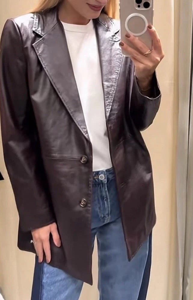 Zara 100% LEATHER TOPSTITCHING COAT BLAZER JACKET BURGUNDY size M 5601/799 £229 thumbnail 2