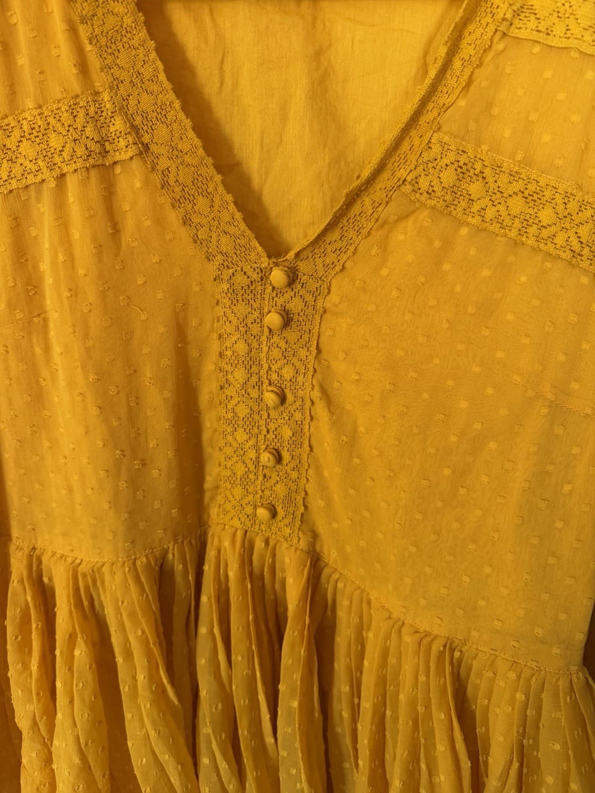 ZARA Yellow Polka Dot Pleated A-Line Dress V-Neck Long Sleeve Size M thumbnail 5
