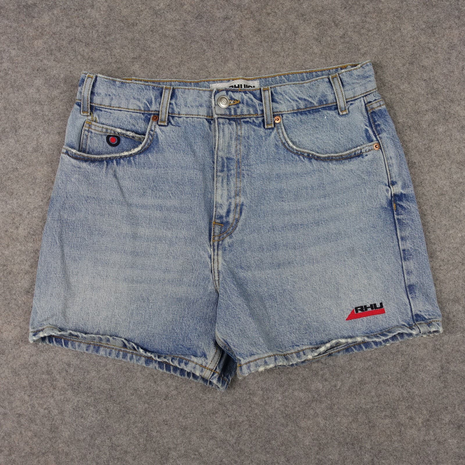 Zara RHUIGI Jean Shorts Mens 32 Blue Denim Distressed Raw Hem Embroidered Logo