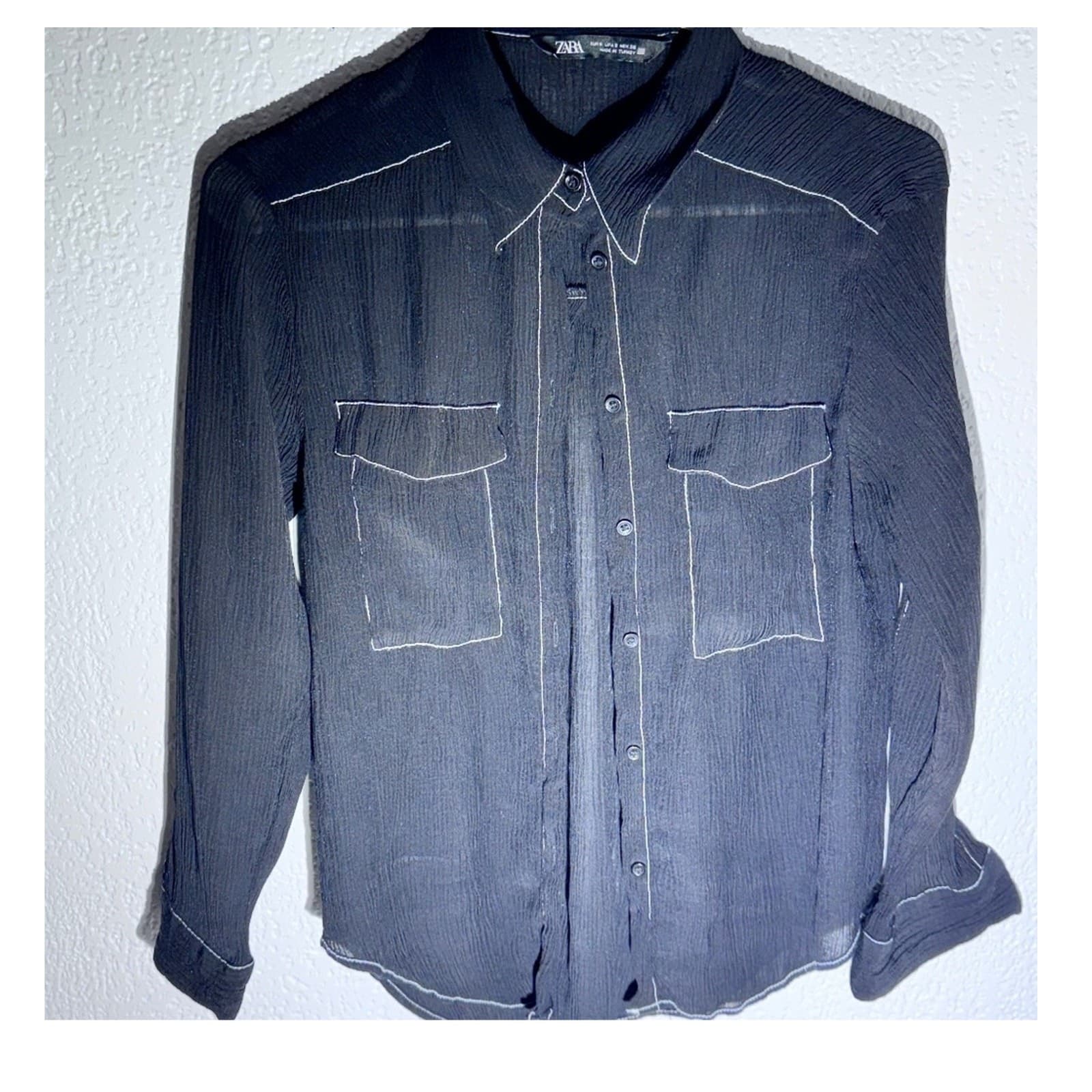 ZARA Sheer Black Crinkle Button-Down Shirt – Women’s Size Small