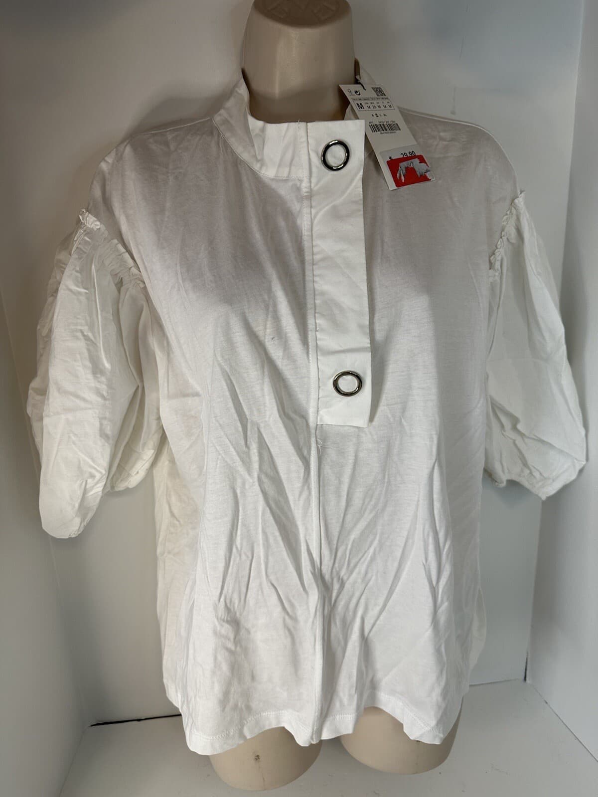 Womens Top Size M ZARA balloon sleeve white NWT blouse snap short sleeved