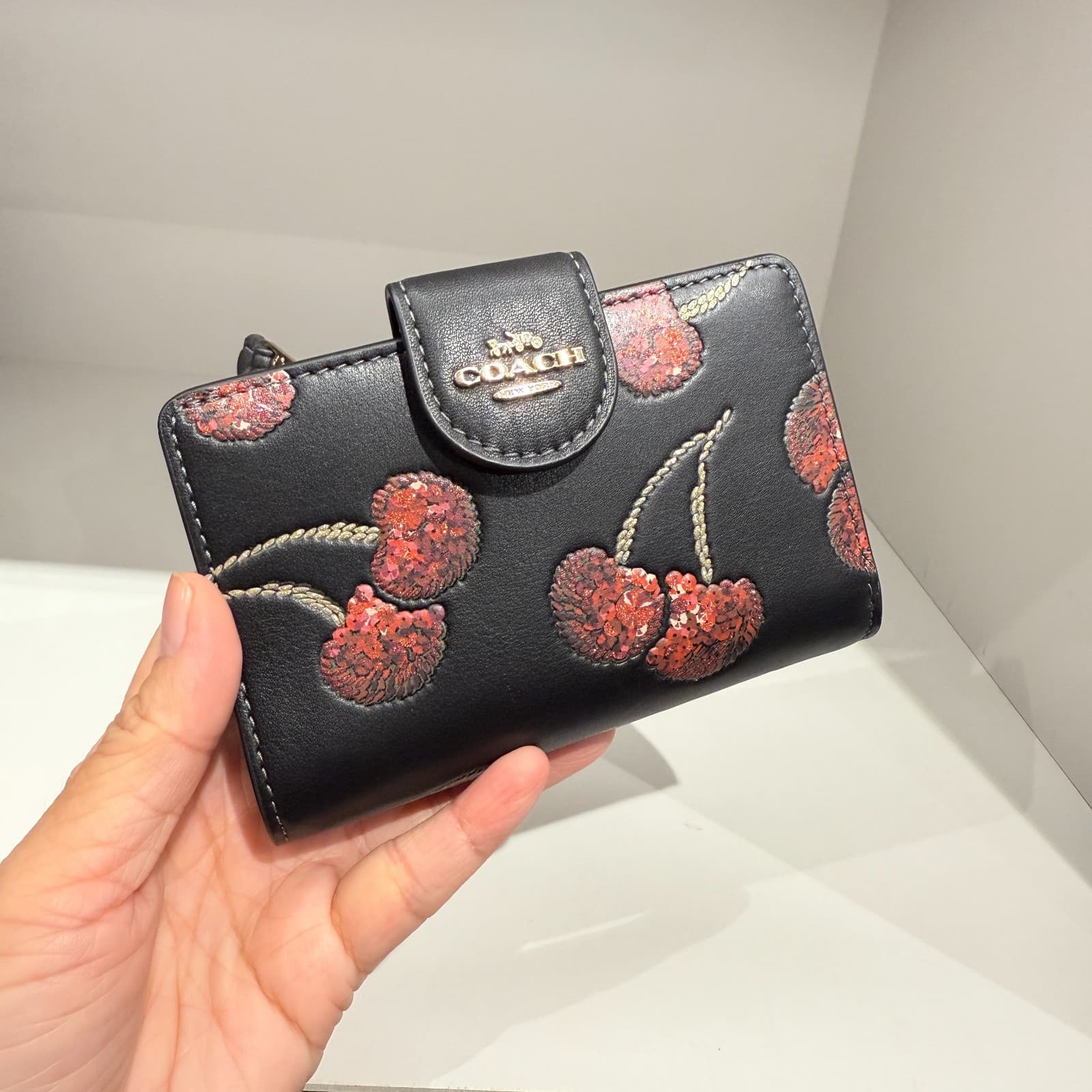 Coach Medium Corner Zip Wallet With Cherry Print Gold/Black Multi CDF10