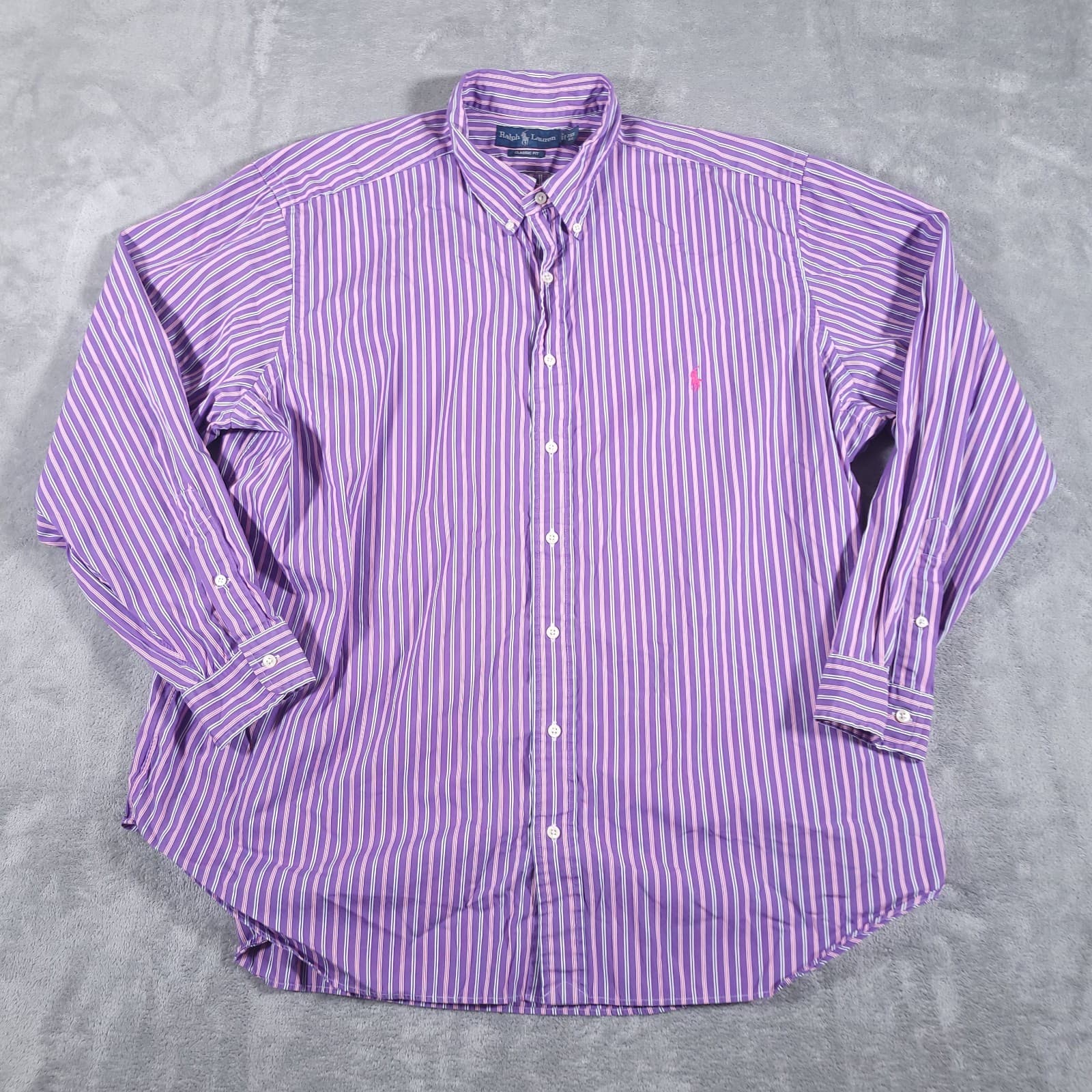 Polo Ralph Lauren Shirt Mens 2XB Purple Pink Striped Button Down Long Sleeve