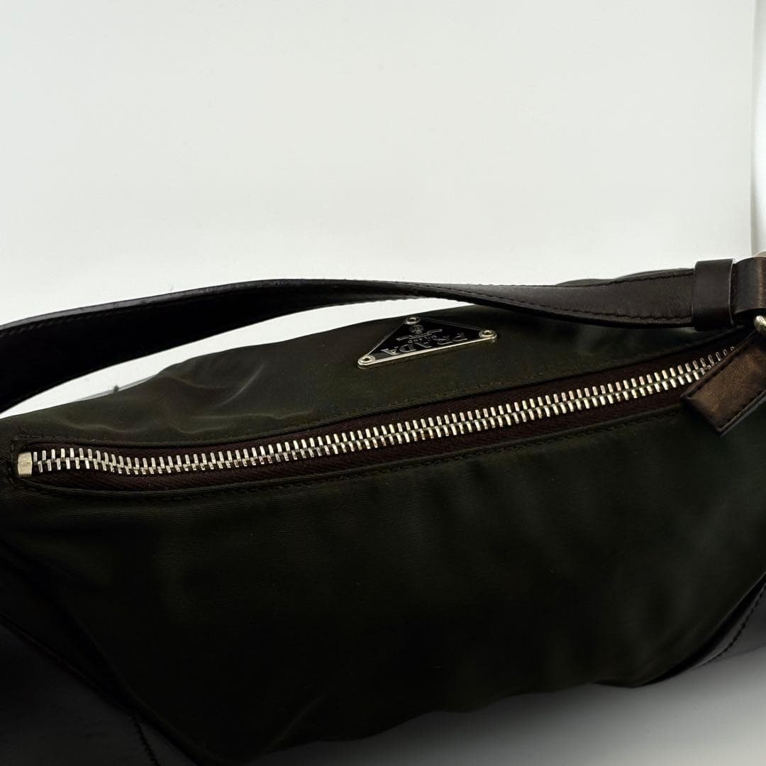 PRADA Khaki Nylon Leather Shoulder Bag Black Silver Small Solid Zip Fashion thumbnail 8