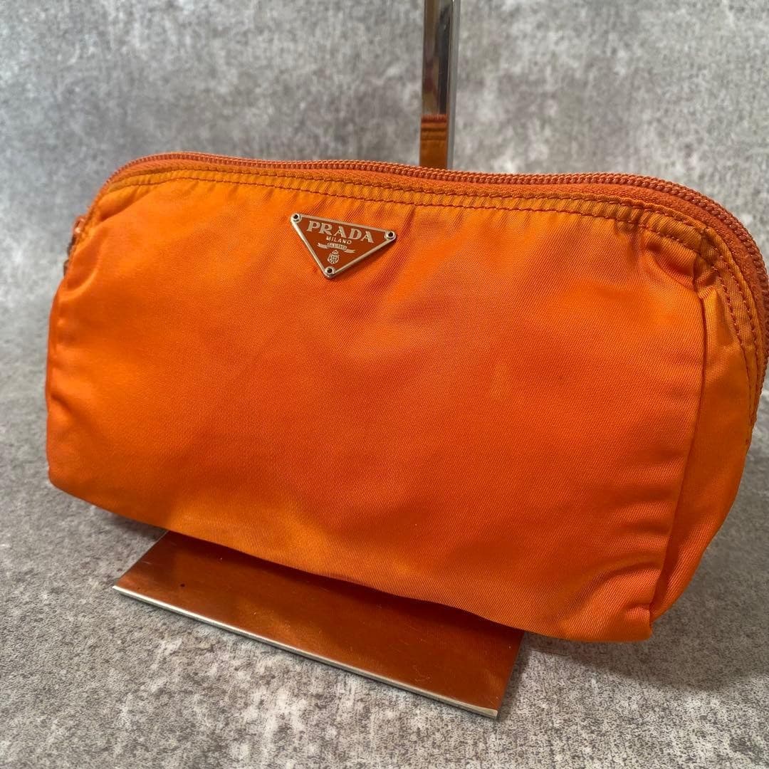 Rare PRADA Pouch Triangle Logo Cosmetic Tessuto Nylon Orange