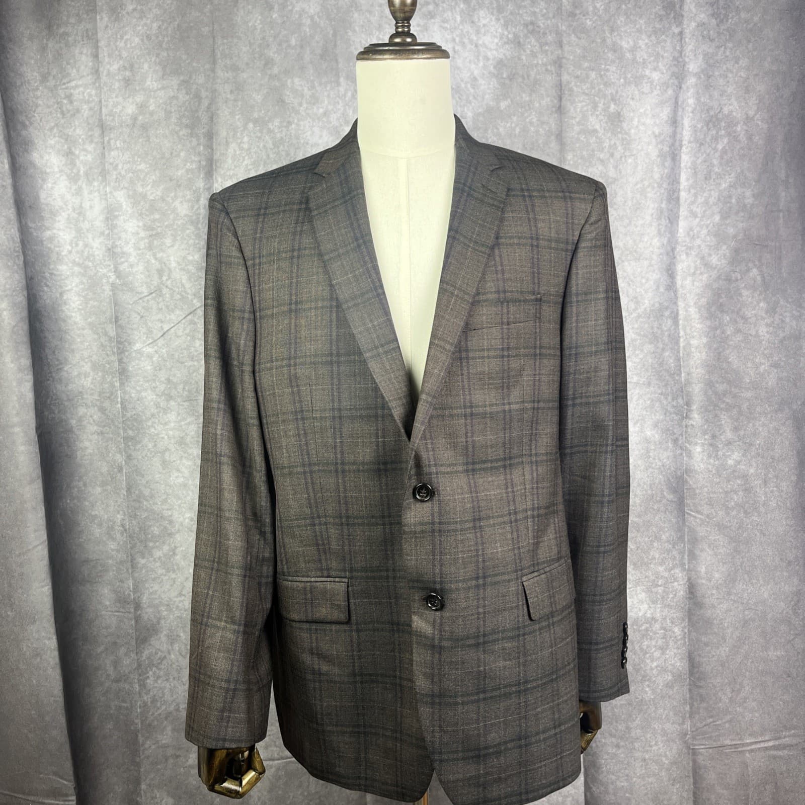 Ralph Ralph Lauren Mens Wool Plaid Two Button Blazer 46R Gray Brown