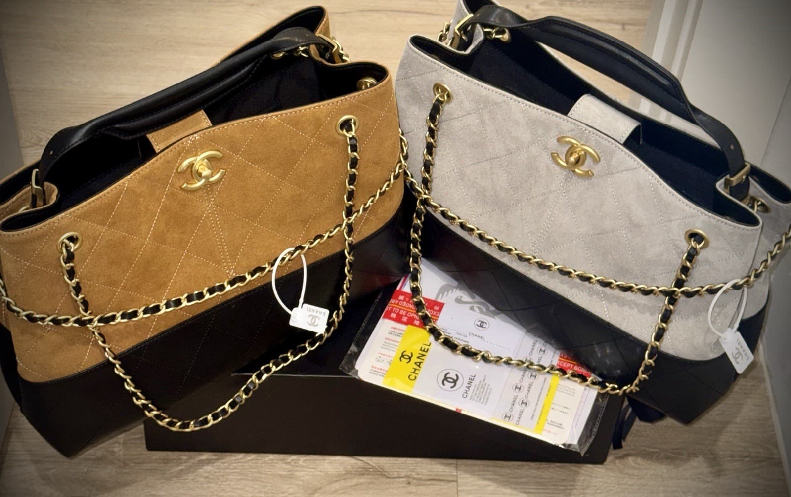 CHANEL Quilted Shoulder Bag Beige Gray Black Chain Strap Gold Hardware