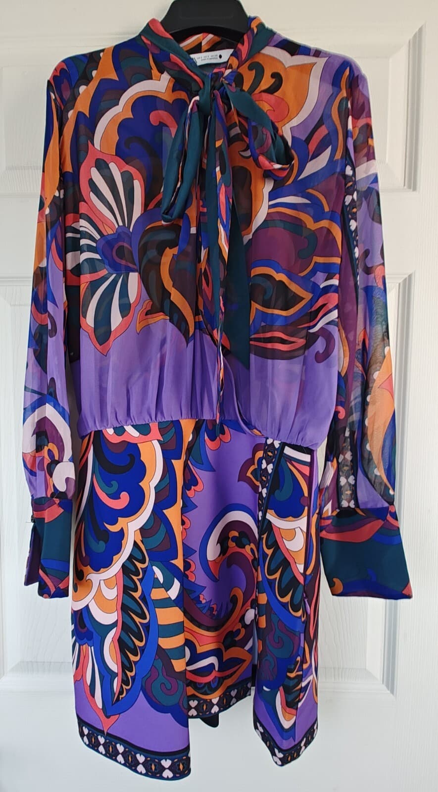 Zara Purple Orange Multi Dress Small Sheer Chiffon Keyhole Bow Retro Print Pucci