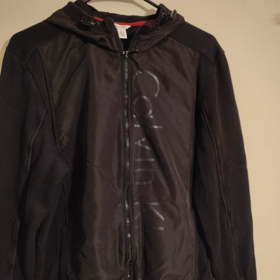 Calvin Klein Full Zip Black Hooded Jacket Medium Mixed Materials thumbnail 2