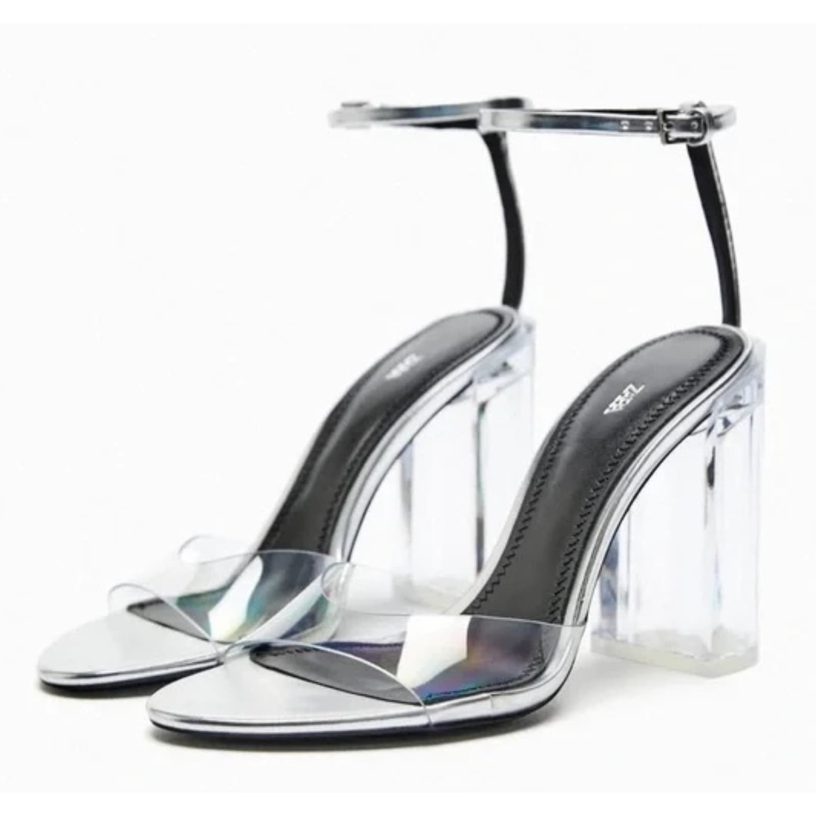 Zara Clear Vinyl Heels 10 40 Sandals Glam Cocktail Party Ankle Strap