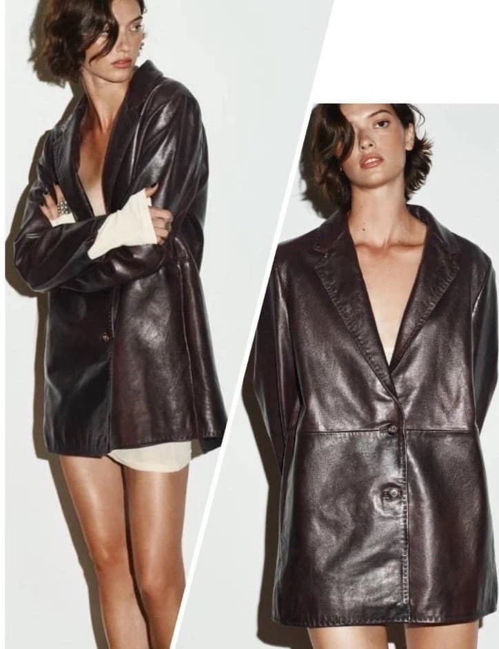 Zara 100% LEATHER TOPSTITCHING COAT BLAZER JACKET BURGUNDY size M 5601/799 £229