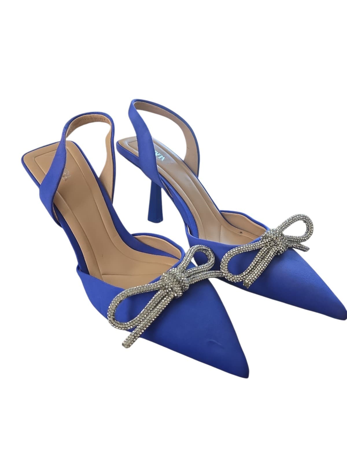 NWOT Zara Blue Satin Women's Heels With Embellishments Bow Acent  Formal sz 7.5