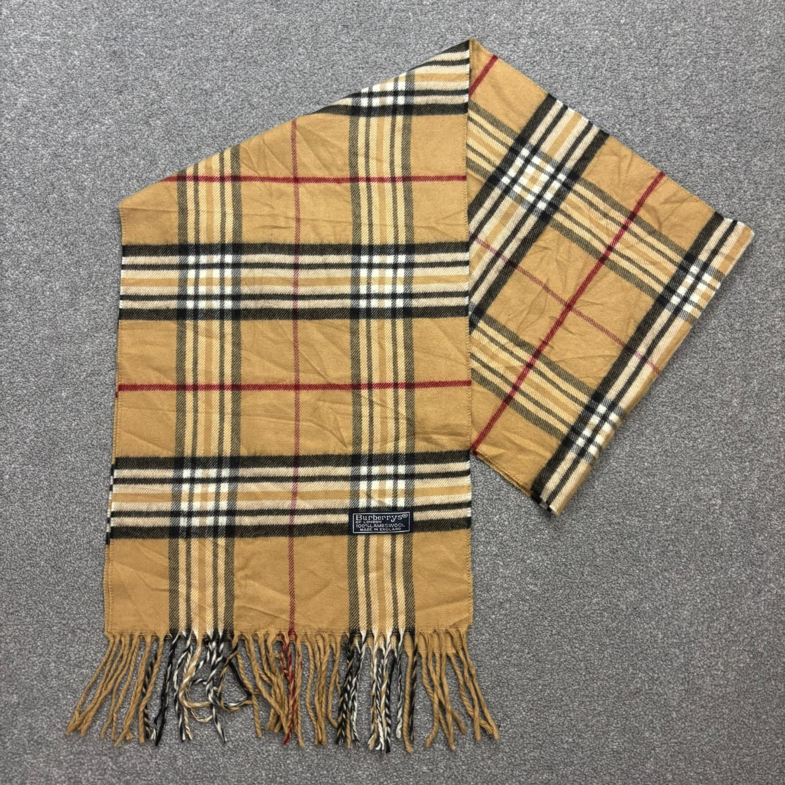 Burberry London Scarf 62x11 Inches Beige England Made 100% Lambswool Nova Check