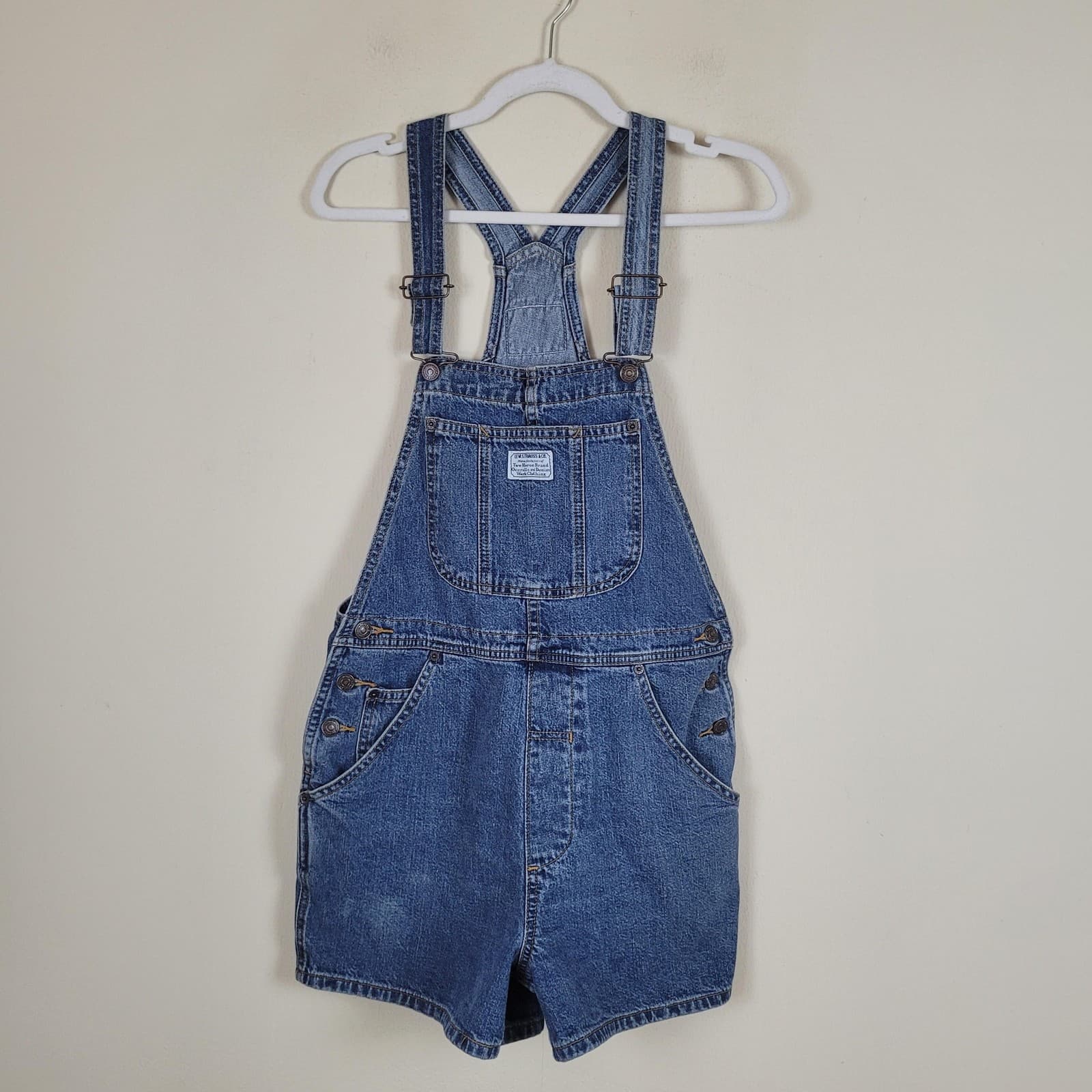 Levis Shortalls Womens Medium Blue Denim Bib Shorts Two Horse Brand Workwear
