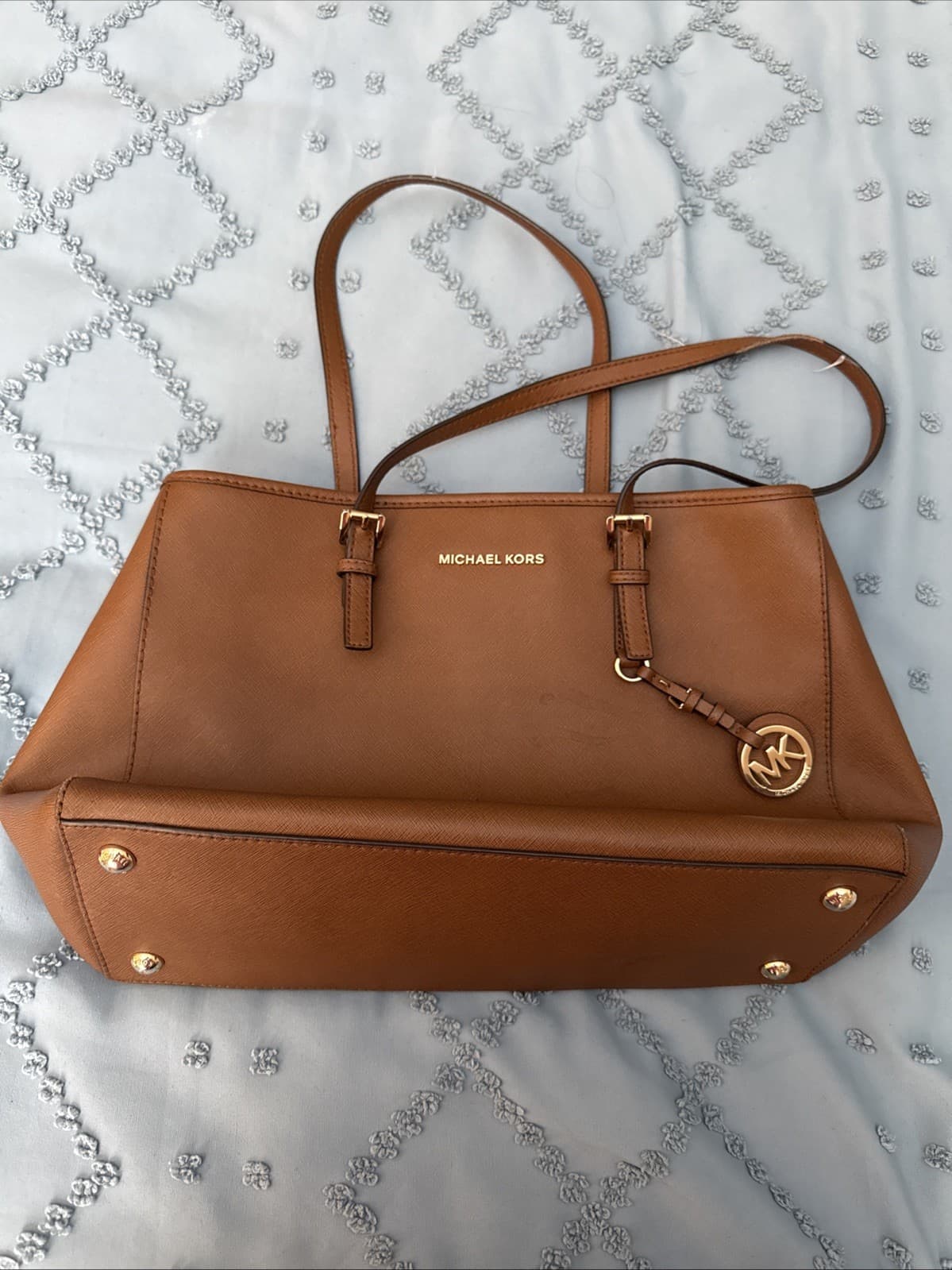 Michael Kors Coated Canvas Brown Tan Leather Shoulder Bag Tote Medium