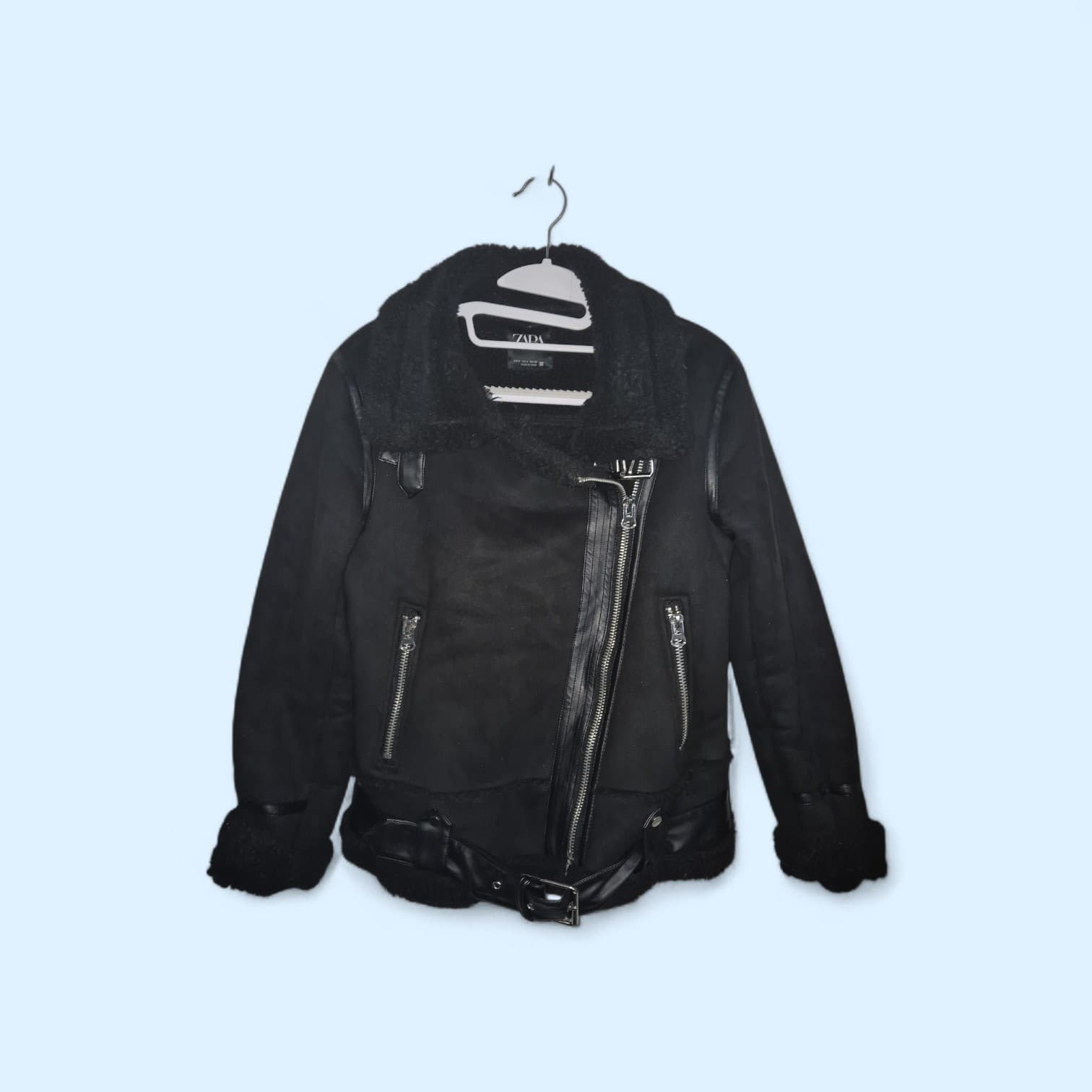 Zara Black Faux Leather Coat Fur Shearling Moto Biker Outdoor Jacket Sz S