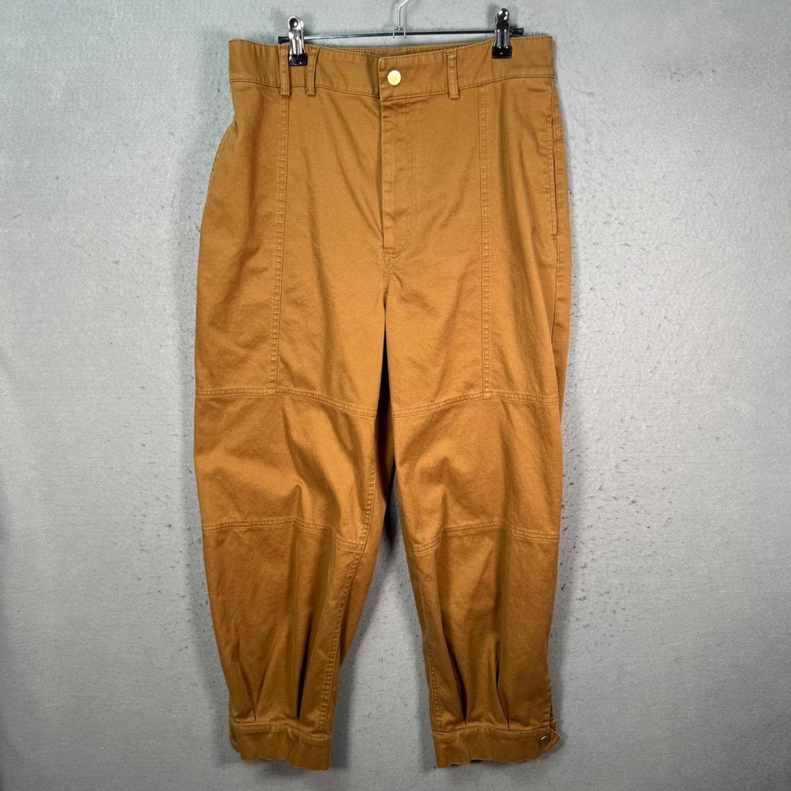 Zara Womens Large Camel Brown High-Waist Cropped Pants With Button Cuff