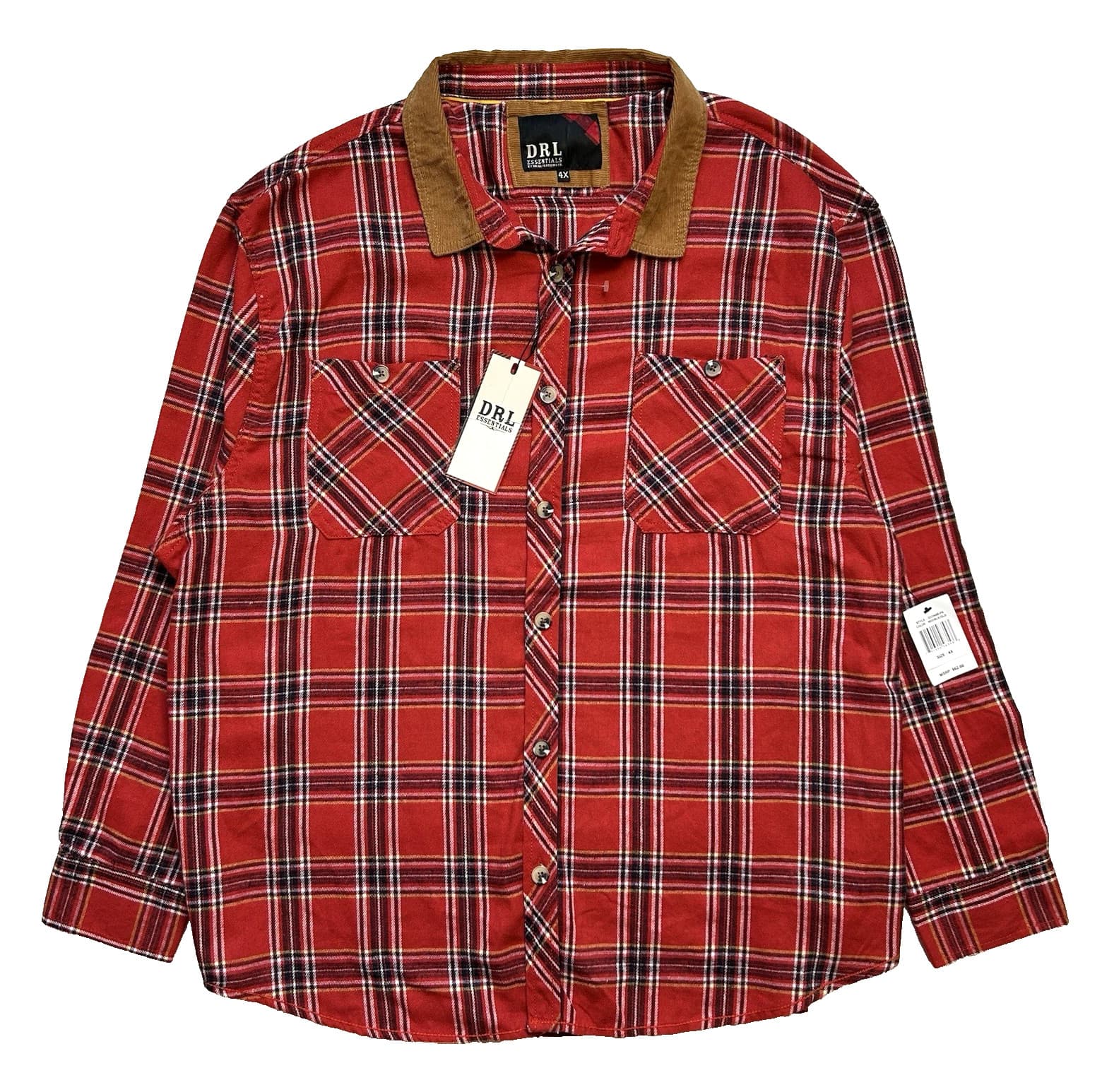 DRL Essentials Flannel 4x Corduroy Collar Elbow Red Blk Gld Lumberjack Plaid NWT