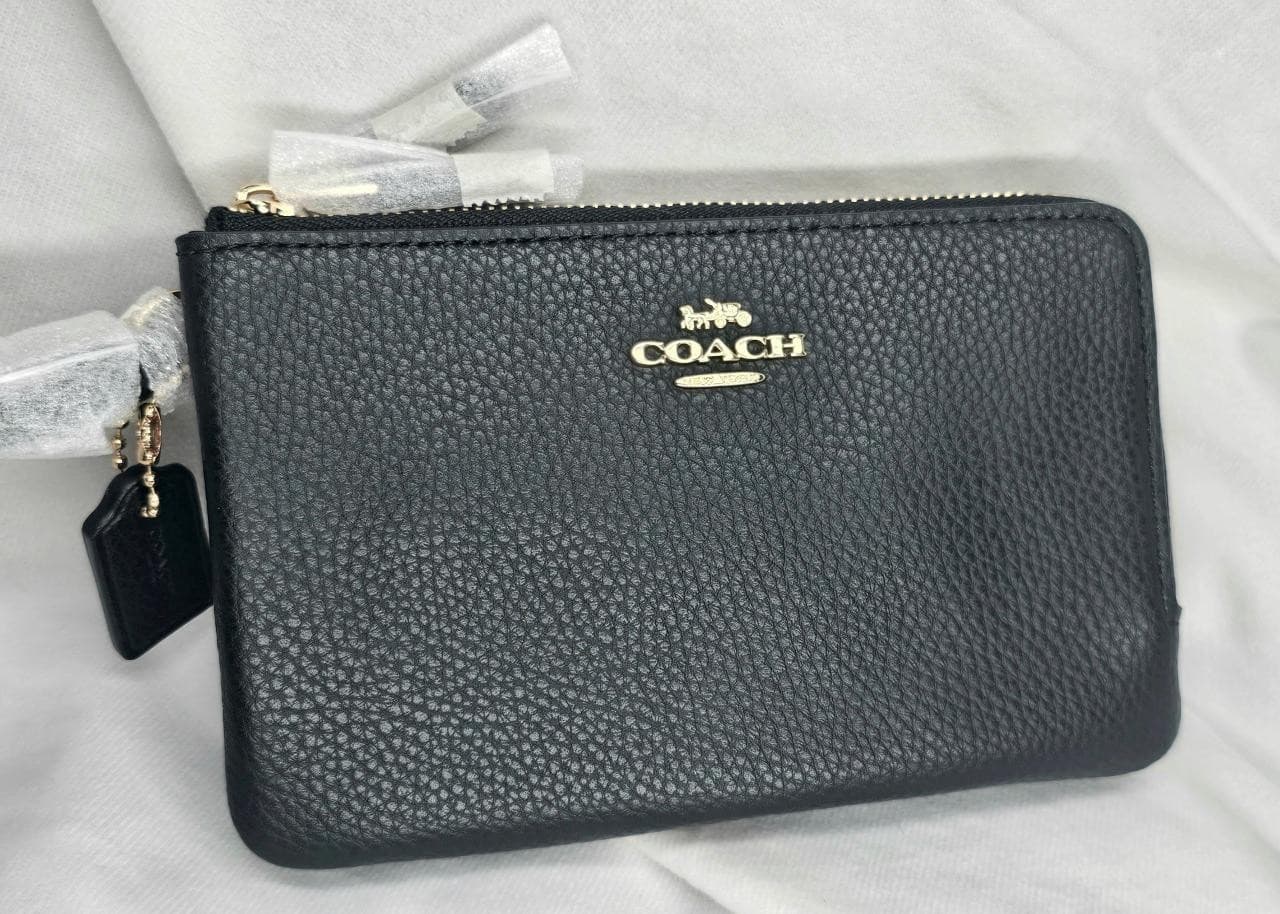 NWT COACH PEBBLED LEATHER DOUBLE ZIP BLACK WALLET W/ WRIST STRAP~FREE US S&H
