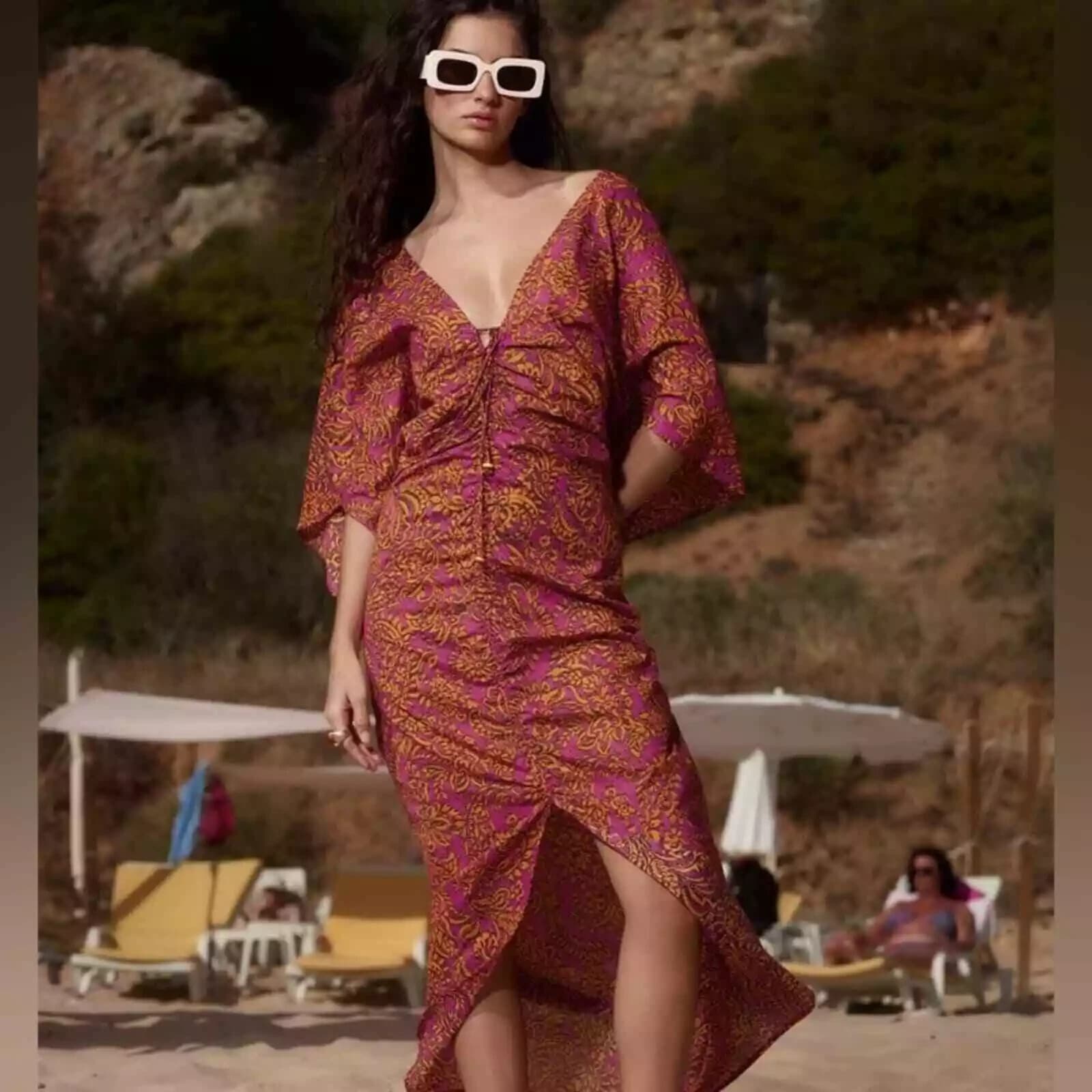 New Zara Pink Orange Floral Tie V-Neck Ruched Kaftan Dress Medium