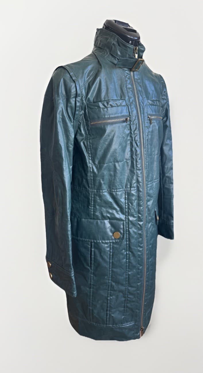 Tory Burch Quilted Moto Bar Green Long Trench Henry Coat Removable Sleeves 4