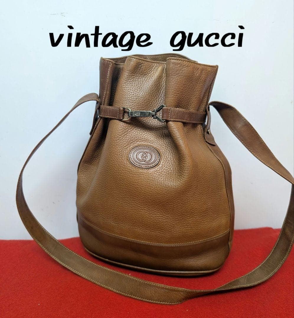 Gucci Vintage Leather Drawstring Shoulder Bag Brown Logo Bucket Rare From Japan