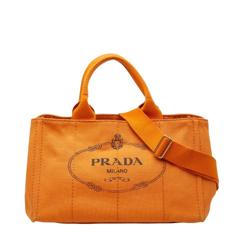 Prada Canapa M Orange Canvas Shoulder Bag Triangle Logo Plate Vintage Authentic