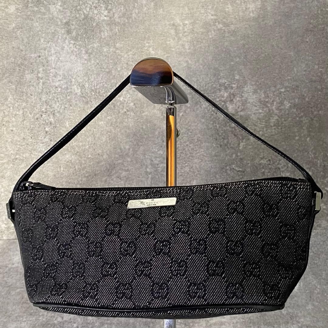 GUCCI 07198.2123 GG Canvas Denim Accessory Pouch Leather Black LogoFrom Japan thumbnail 11