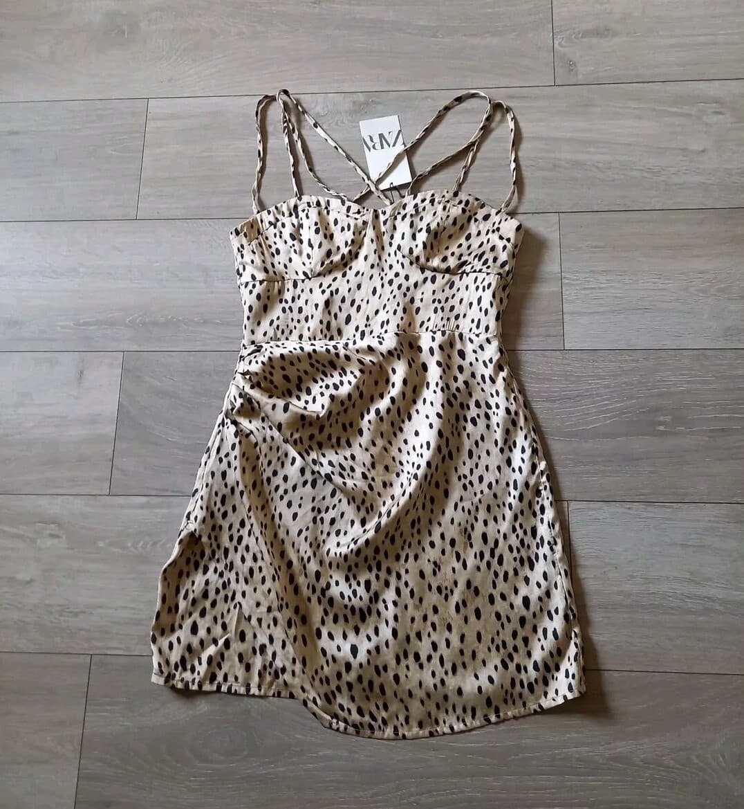 Zara Beige Abstract Print Strappy Slip Dress Silky Party Holiday - Size S