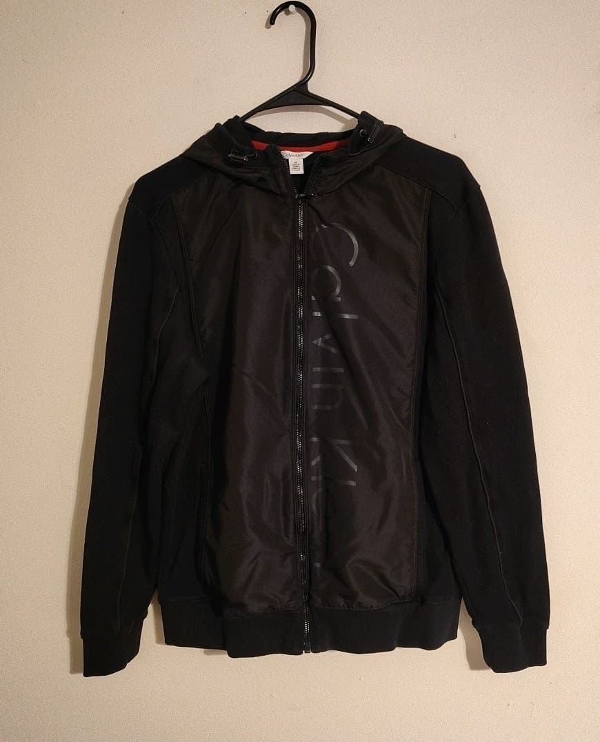Calvin Klein Full Zip Black Hooded Jacket Medium Mixed Materials