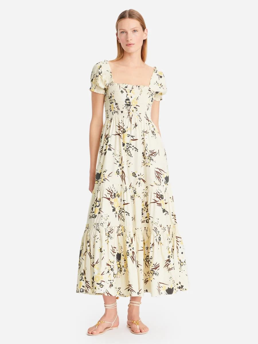 NWOT Tory Burch Printed Smocked Midi Dress Size L Yellow #1C601