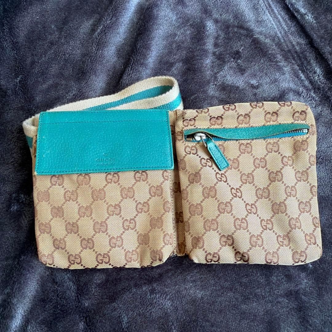 Rare Color GUCCI GG Canvas Waist Pouch Turquoise Blue